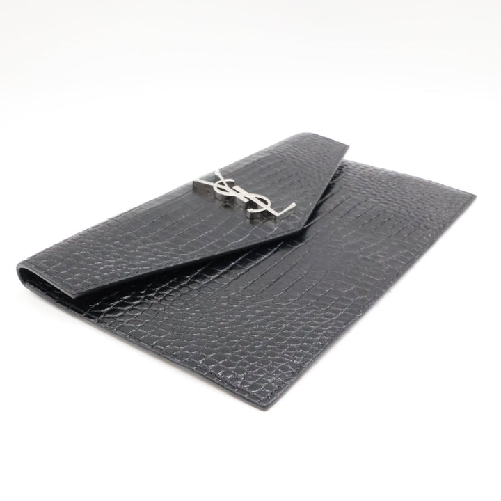 Saint Laurent YSL Croc Uptown Black/Silver Leather Clutch Bag - Lux Central