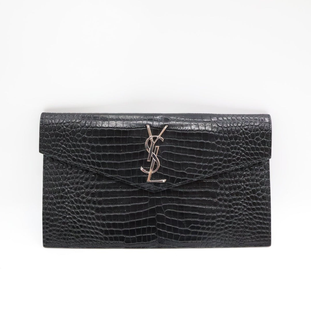 Saint Laurent YSL Croc Uptown Black/Silver Leather Clutch Bag - Lux Central