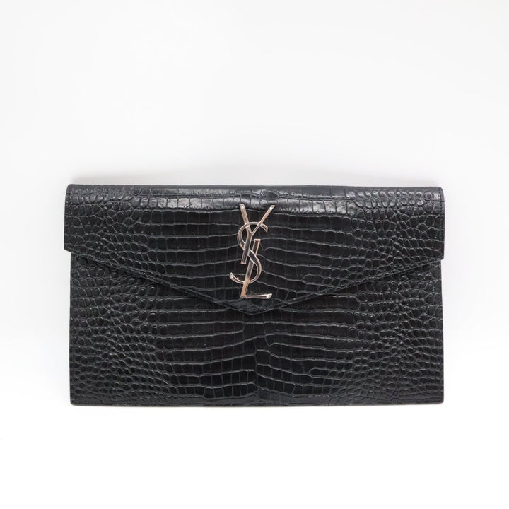 Saint Laurent YSL Croc Uptown Black/Silver Leather Clutch Bag - Lux Central