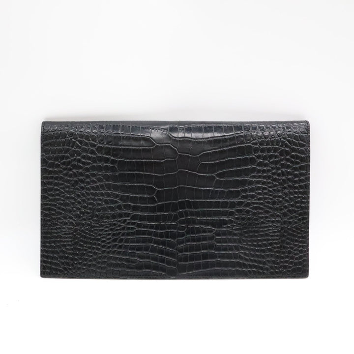 Saint Laurent YSL Croc Uptown Black/Silver Leather Clutch Bag - Lux Central