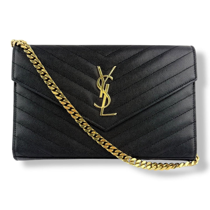 Saint Laurent YSL Matelasse Black Leather Cassandre Wallet On Chain Handbag - Lux Central