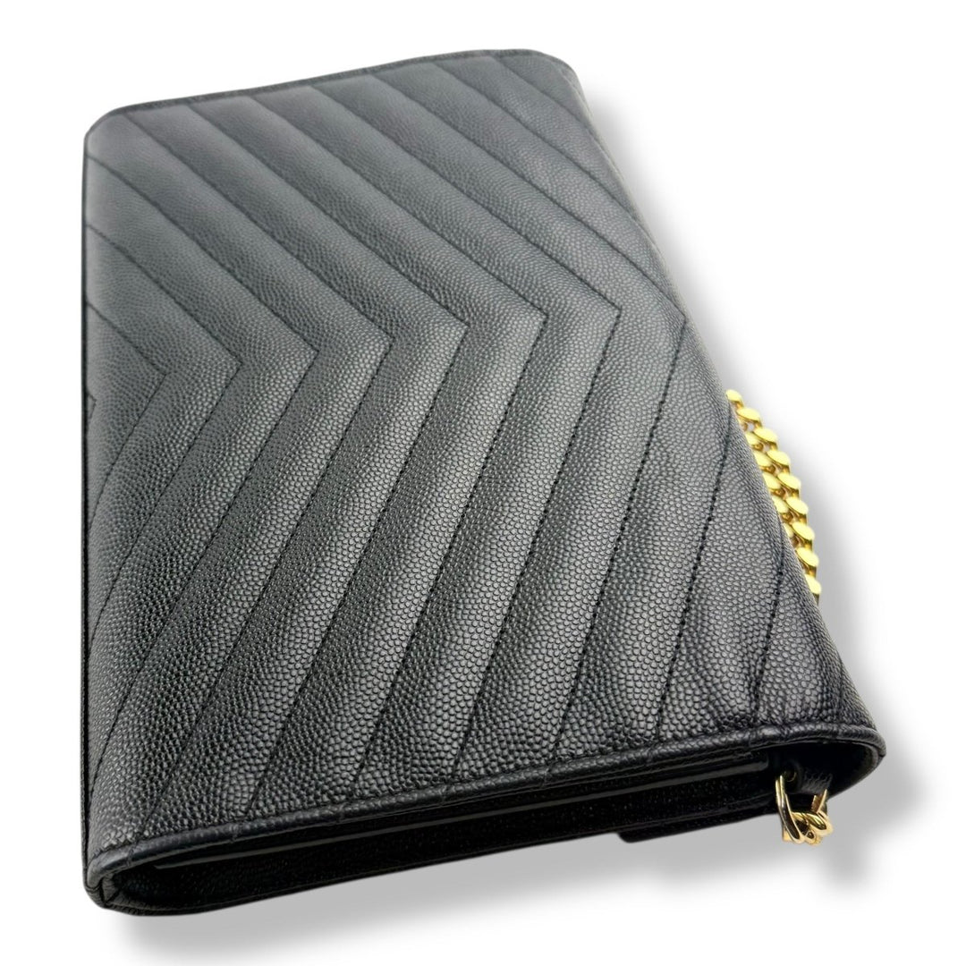 Saint Laurent YSL Matelasse Black Leather Cassandre Wallet On Chain Handbag - Lux Central