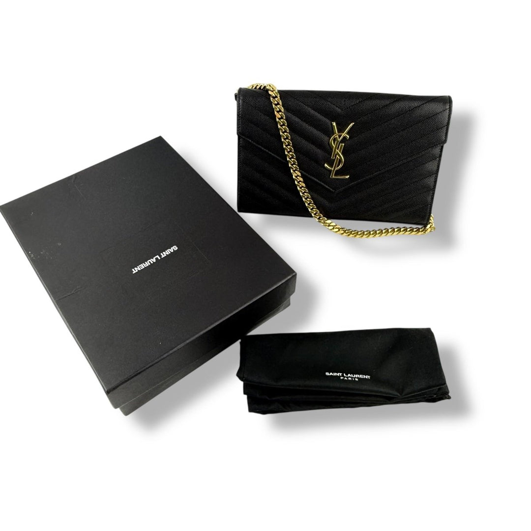 Saint Laurent YSL Matelasse Black Leather Cassandre Wallet On Chain Handbag - Lux Central