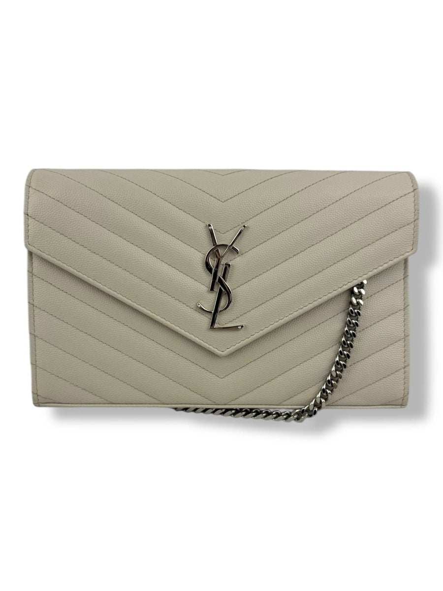 Saint Laurent YSL Matelasse White Leather Cassandre Wallet On Chain Handbag - Lux Central