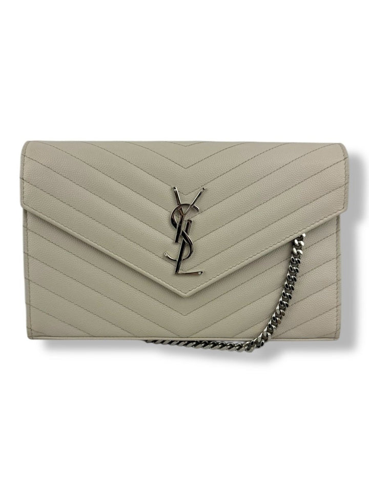 Saint Laurent YSL Matelasse White Leather Cassandre Wallet On Chain Handbag - Lux Central