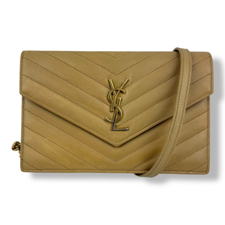 Saint Laurent YSL Mustard Grained Envelope Leather Wallet On Chain Handbag - Lux Central