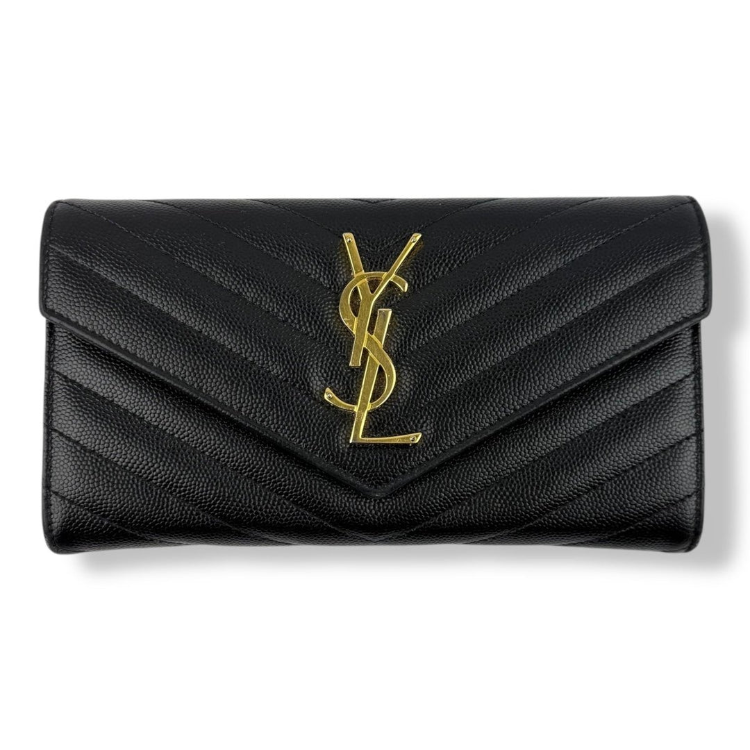 Saint Laurent YSL Portefeuille Black Grained Envelope Large Femme Leather Wallet - Lux Central