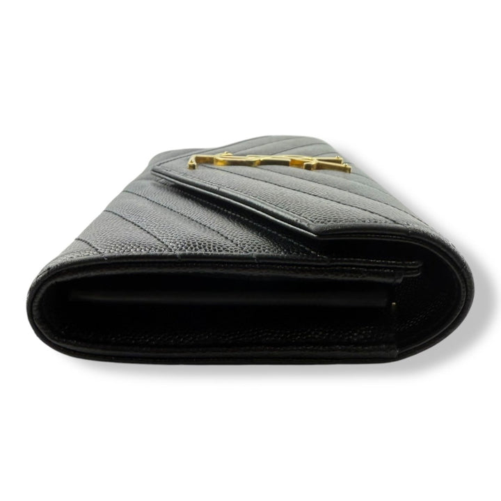 Saint Laurent YSL Portefeuille Black Grained Envelope Large Femme Leather Wallet - Lux Central