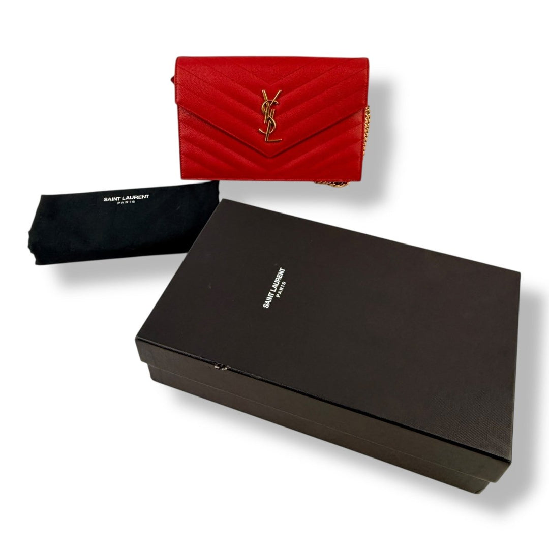 Saint Laurent YSL Red Grained Envelope Leather Wallet On Chain Handbag - Lux Central