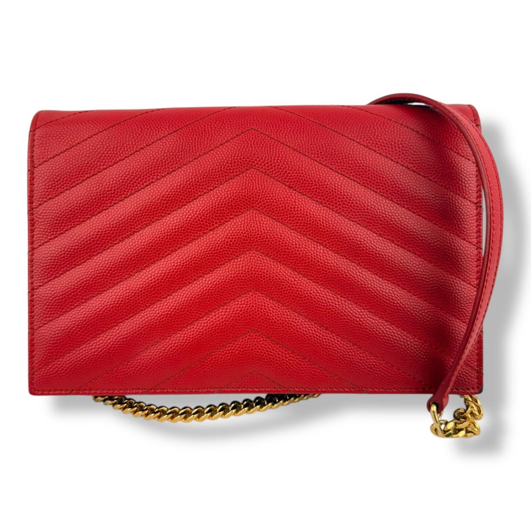 Saint Laurent YSL Red Grained Envelope Leather Wallet On Chain Handbag - Lux Central