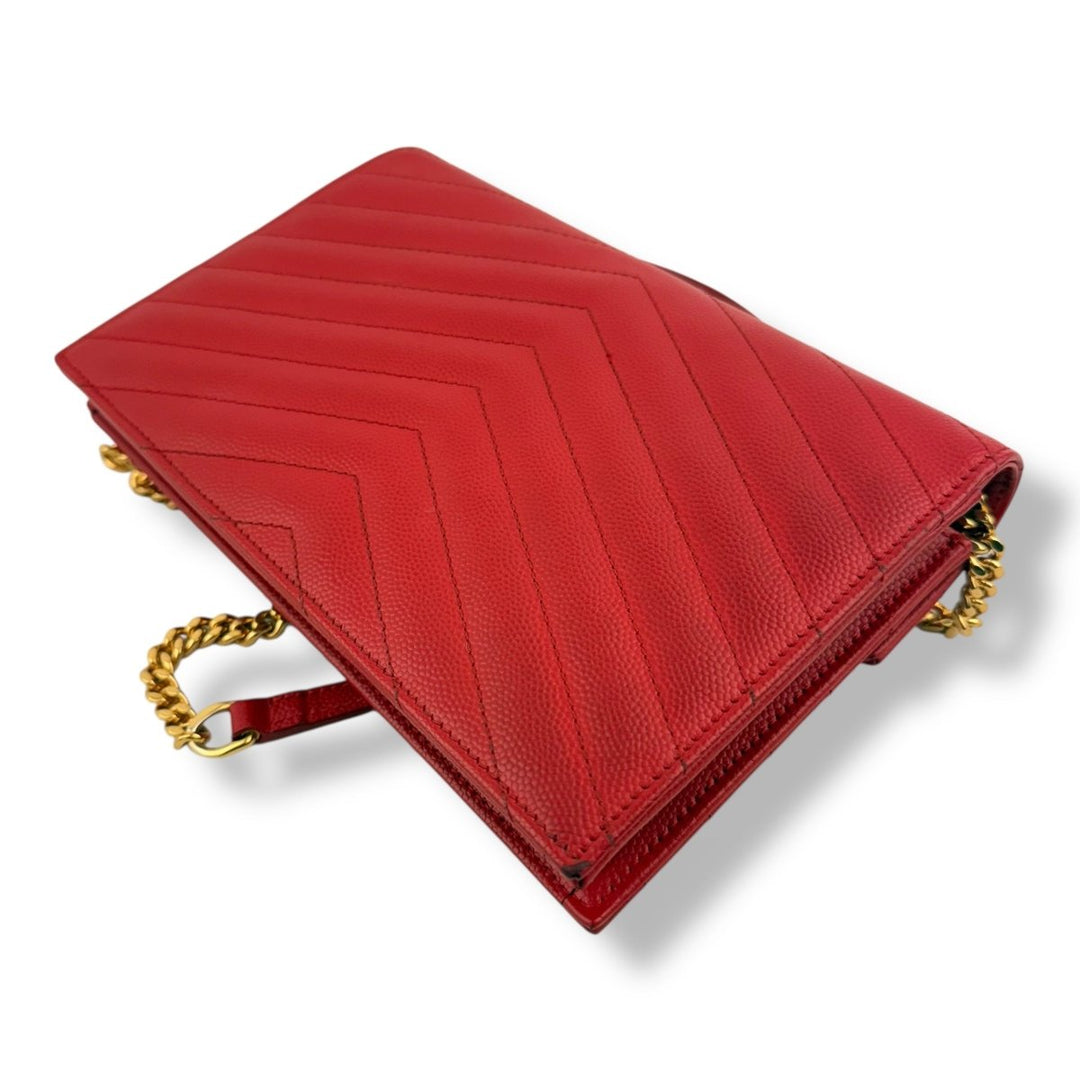Saint Laurent YSL Red Grained Envelope Leather Wallet On Chain Handbag - Lux Central