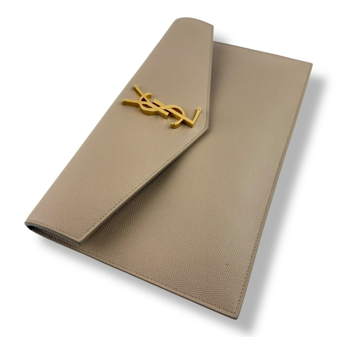 Saint Laurent YSL Uptown Beige Grained Leather Clutch Bag - Lux Central
