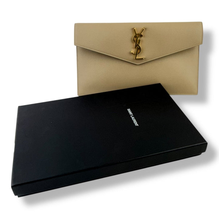 Saint Laurent YSL Uptown Beige Grained Leather Clutch Bag - Lux Central