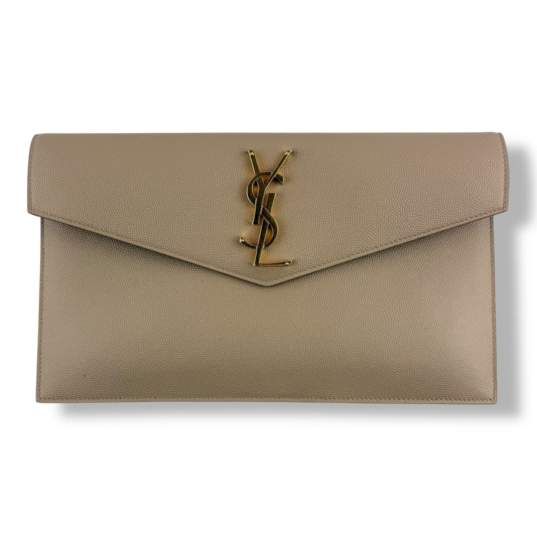 Saint Laurent YSL Uptown Beige Grained Leather Clutch Bag - Lux Central