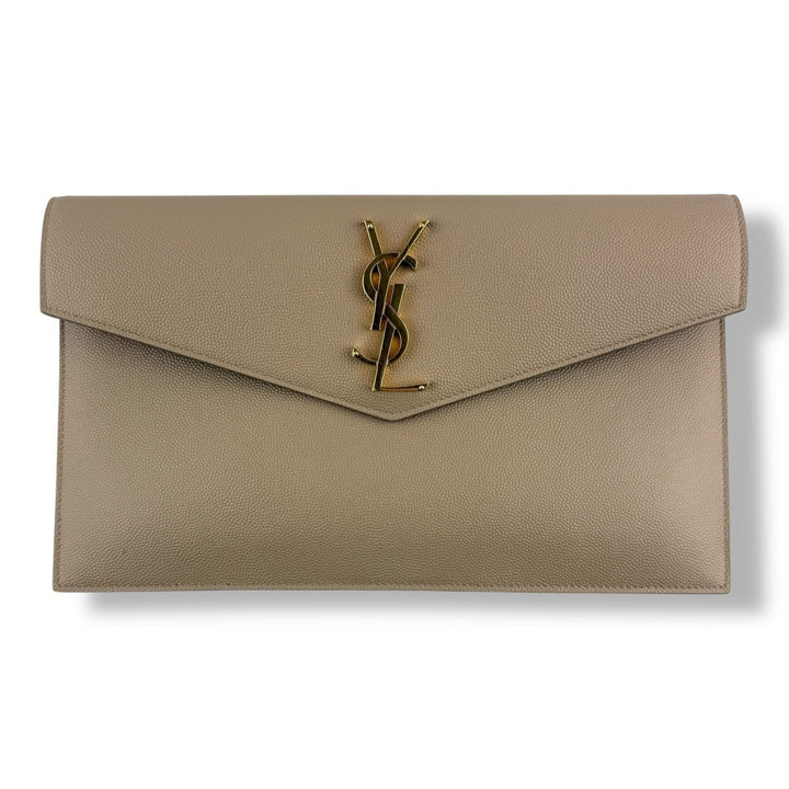 Saint Laurent YSL Uptown Beige Grained Leather Clutch Bag - Lux Central