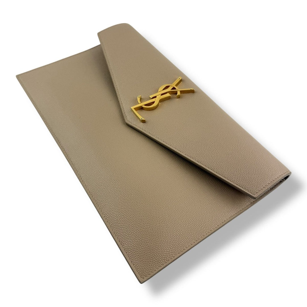 Saint Laurent YSL Uptown Beige Grained Leather Clutch Bag - Lux Central