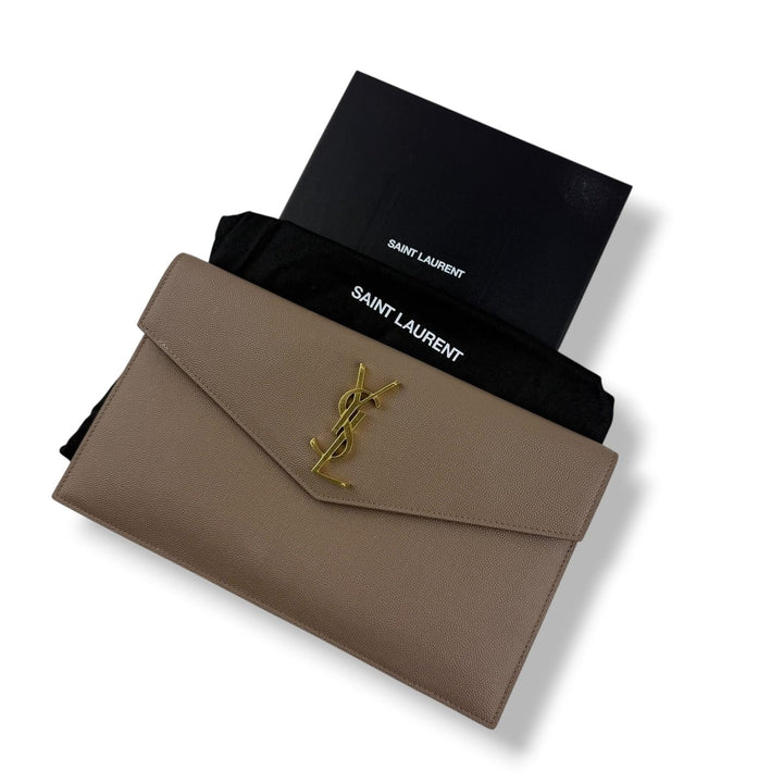 Saint Laurent YSL Uptown Beige Leather Clutch Bag - Lux Central
