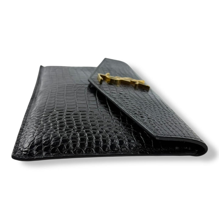 Saint Laurent YSL Uptown Black Croc Embossed Medium Clutch - Added Chain Insert - Lux Central