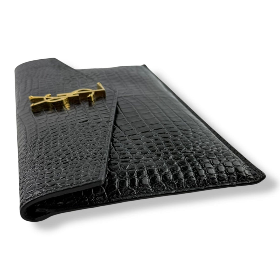 Saint Laurent YSL Uptown Black Croc Embossed Medium Clutch - Added Chain Insert - Lux Central