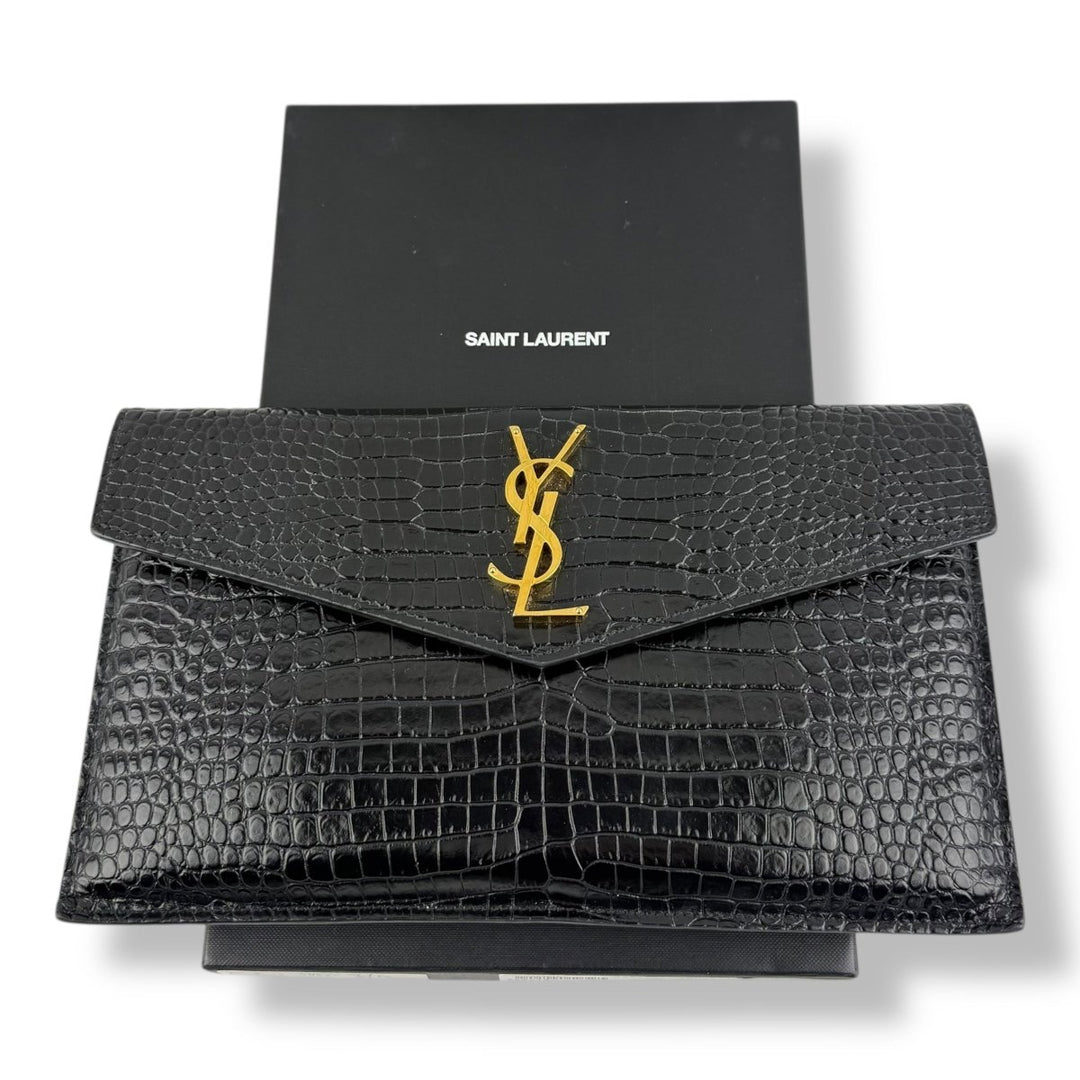 Saint Laurent YSL Uptown Black Croc Embossed Medium Clutch - Added Chain Insert - Lux Central