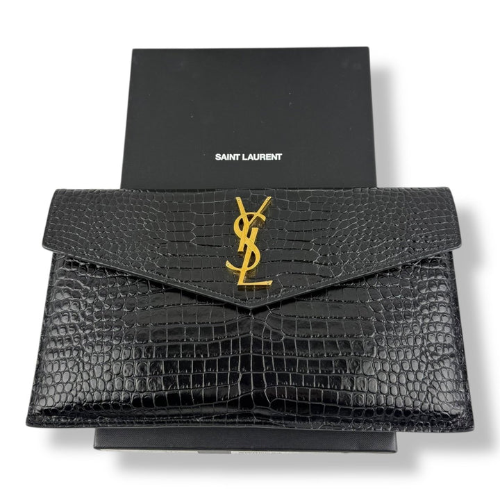 Saint Laurent YSL Uptown Black Croc Embossed Medium Clutch - Added Chain Insert - Lux Central