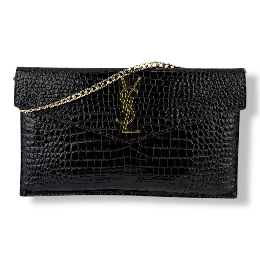 Saint Laurent YSL Uptown Black Croc Embossed Medium Clutch- Added