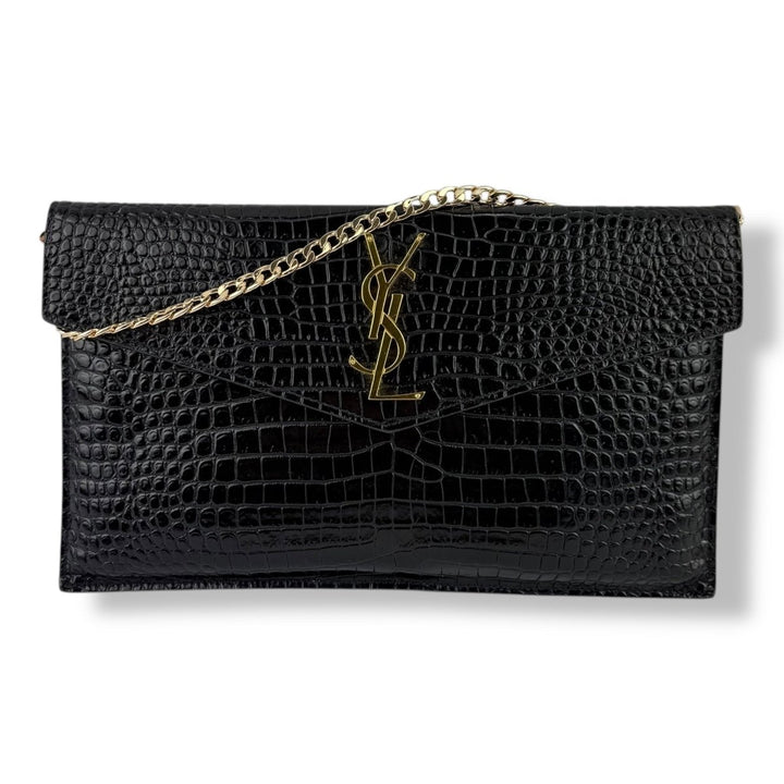 Saint Laurent YSL Uptown Black Croc Embossed Medium Clutch - Added Chain Insert - Lux Central