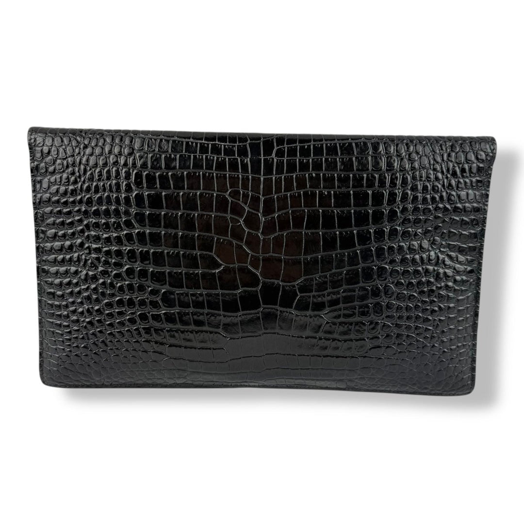 Saint Laurent YSL Uptown Black Croc Embossed Medium Clutch - Added Chain Insert - Lux Central