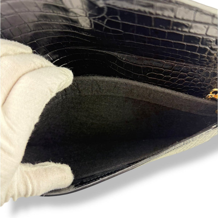 Saint Laurent YSL Uptown Black Croc Embossed Medium Clutch - Added Chain Insert - Lux Central
