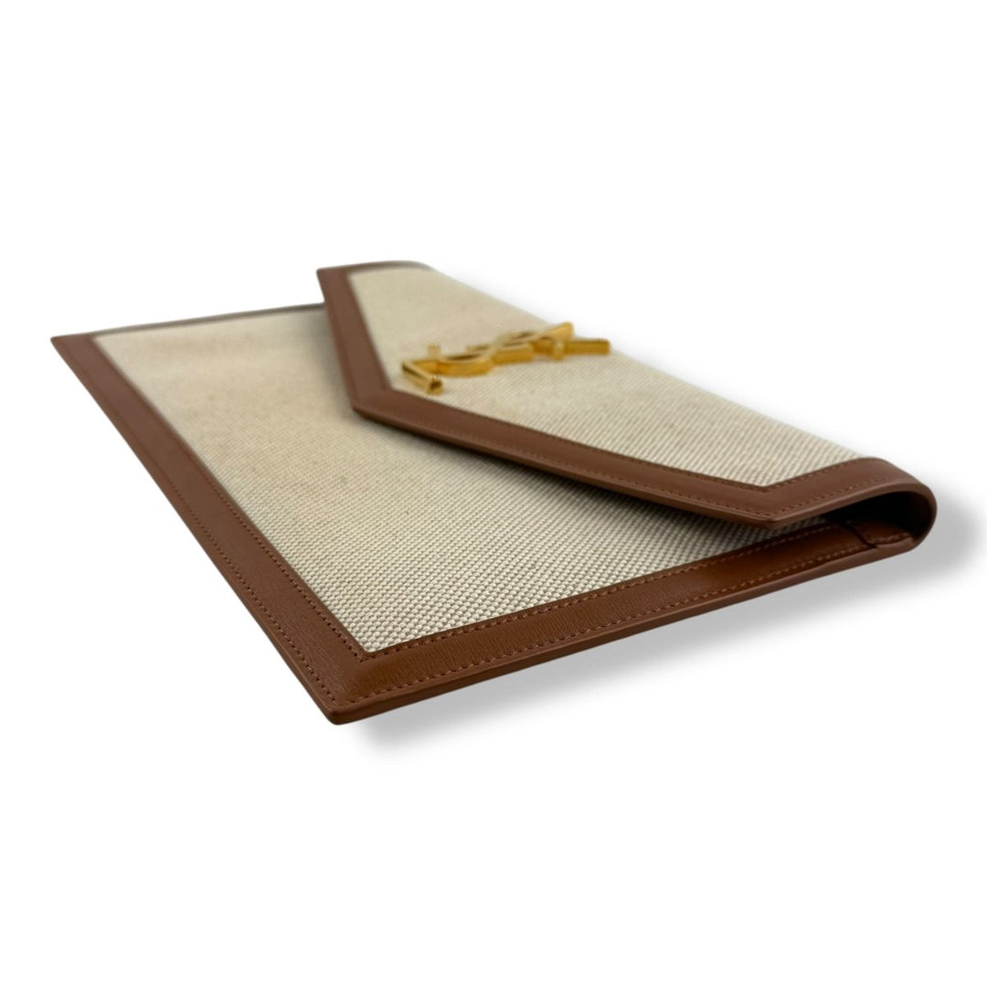 Saint Laurent YSL Uptown Raffia Natural Beige/Brown Canvas Clutch Bag - Lux Central
