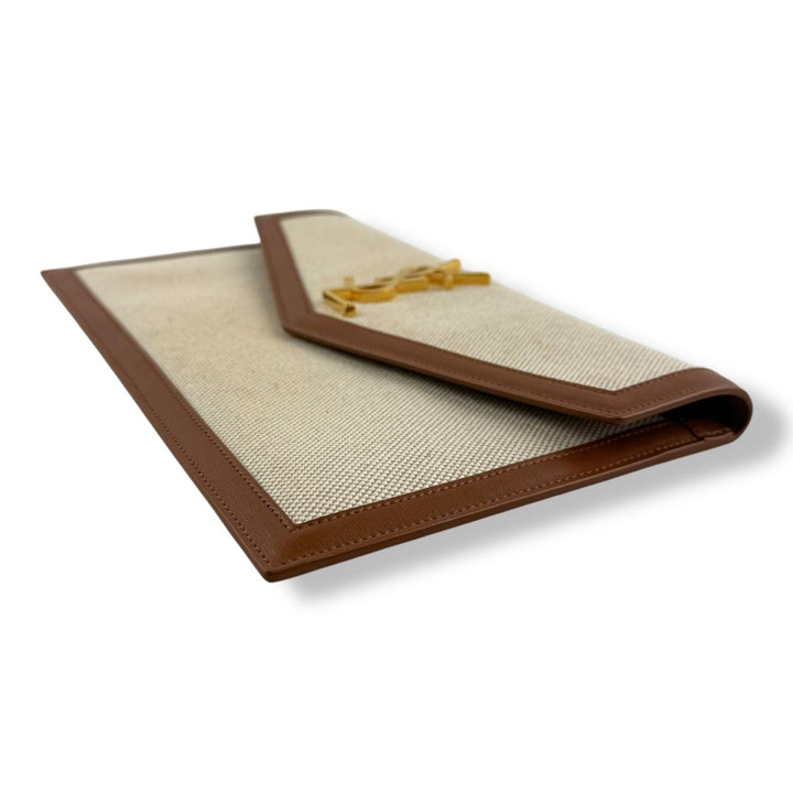 Saint Laurent YSL Uptown Raffia Natural Beige/Brown Canvas Clutch Bag - Lux Central