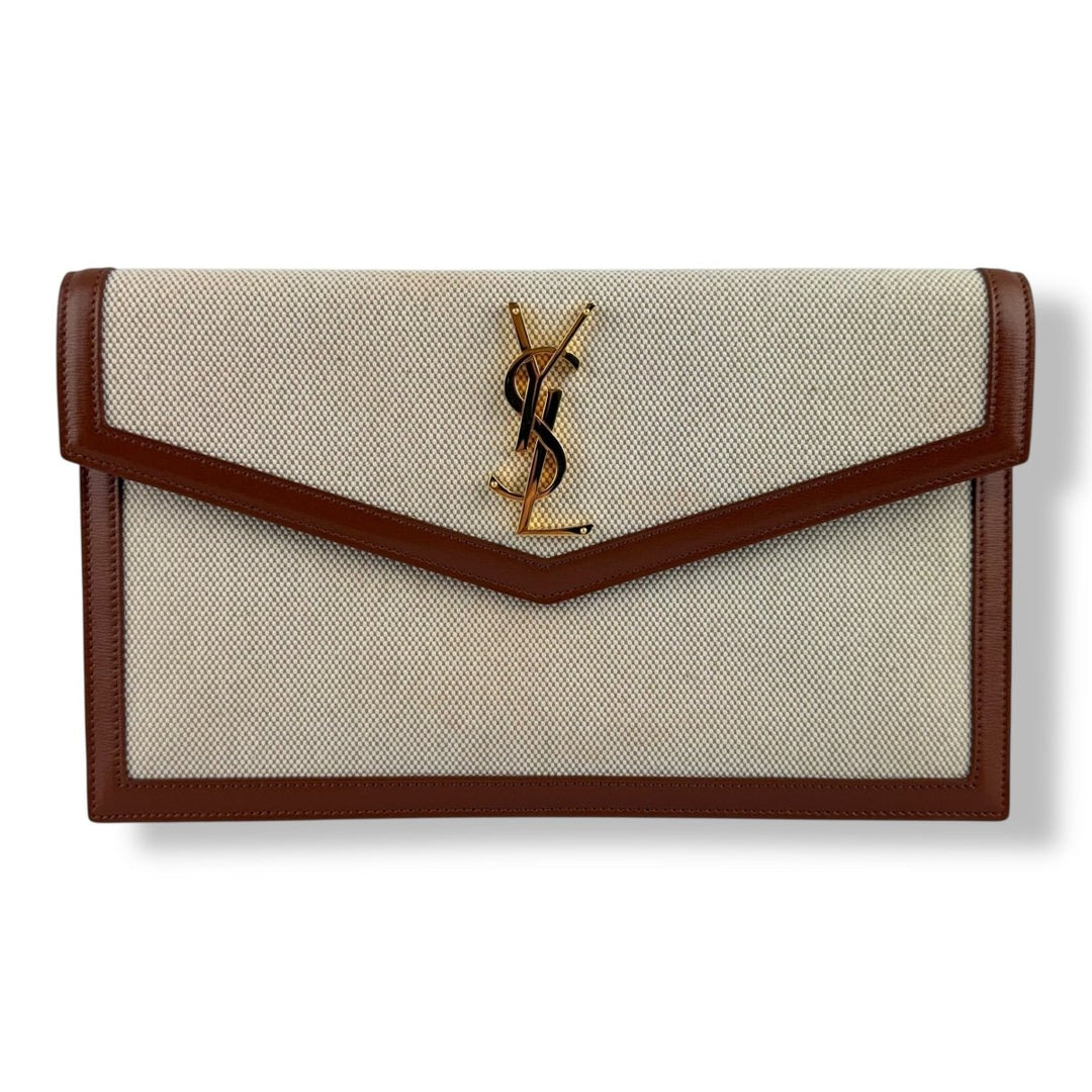 Saint Laurent YSL Uptown Raffia Natural Beige/Brown Canvas Clutch Bag - Lux Central