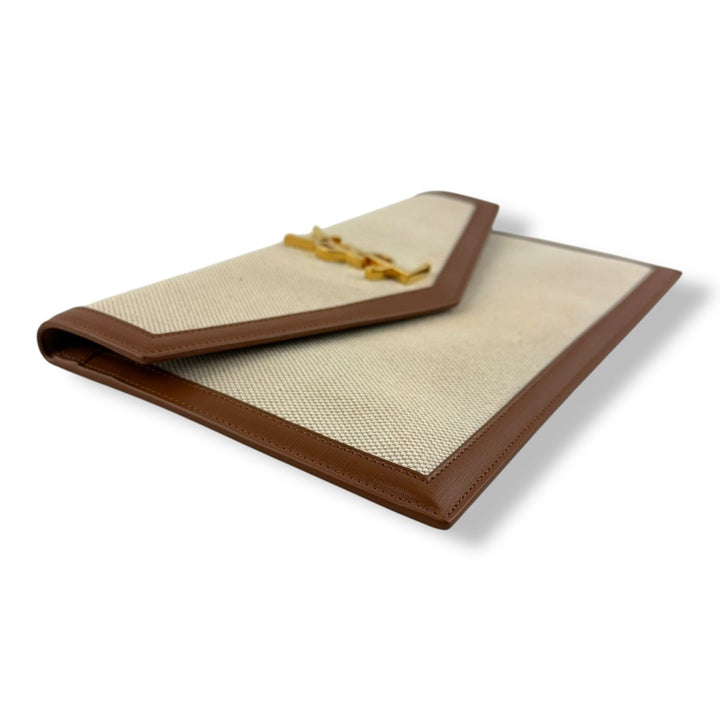 Saint Laurent YSL Uptown Raffia Natural Beige/Brown Canvas Clutch Bag - Lux Central