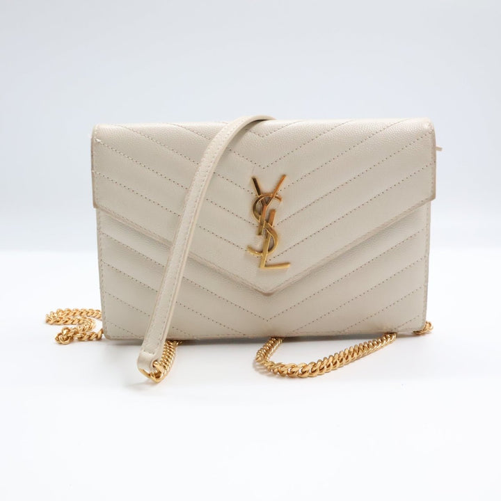 Saint Laurent YSL White Grained Envelope Leather Wallet On Chain Handbag - Lux Central