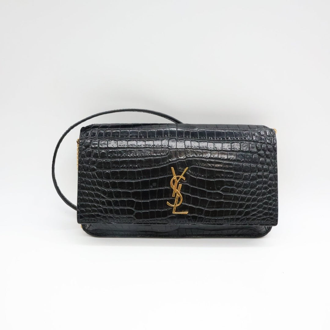 YSL Saint Laurent Black Croc Phone Holder Shoulder Pouch - Lux Central