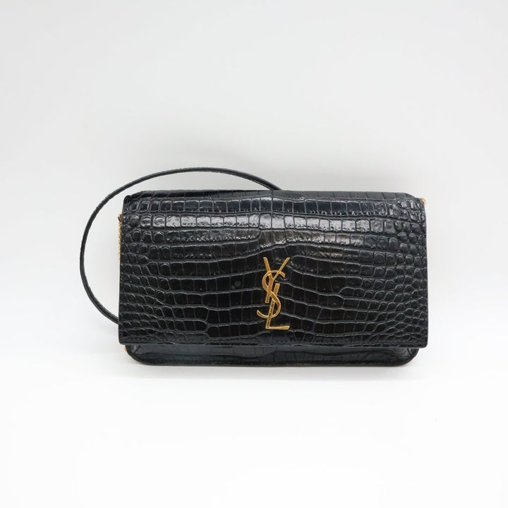 YSL Saint Laurent Black Croc Phone Holder Shoulder Pouch - Lux Central