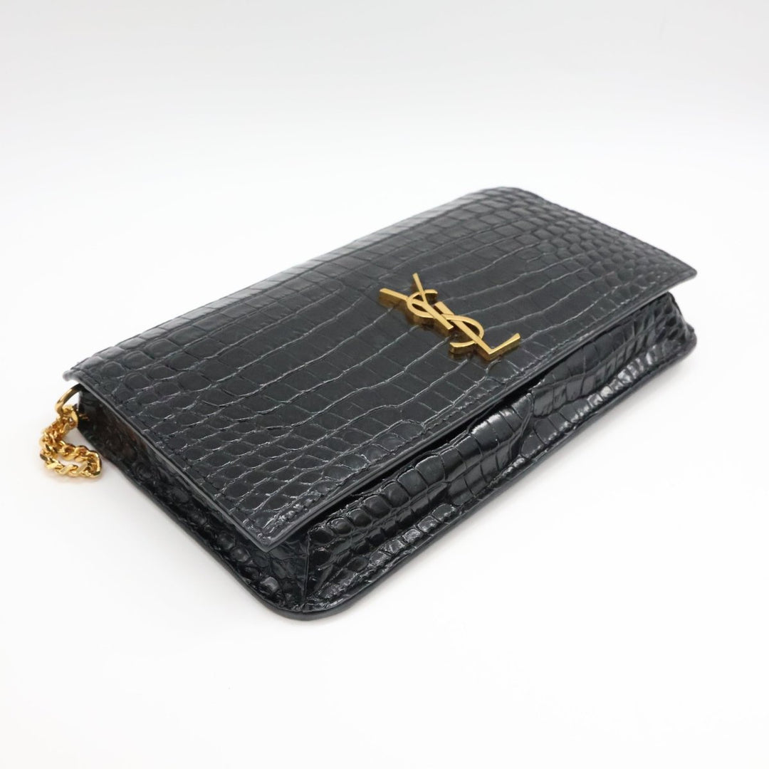 YSL Saint Laurent Black Croc Phone Holder Shoulder Pouch - Lux Central