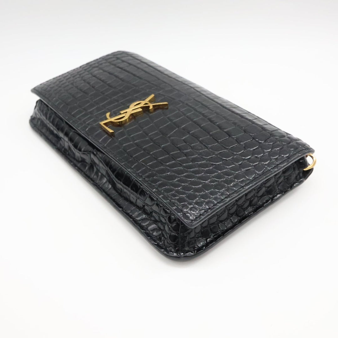 YSL Saint Laurent Black Croc Phone Holder Shoulder Pouch - Lux Central