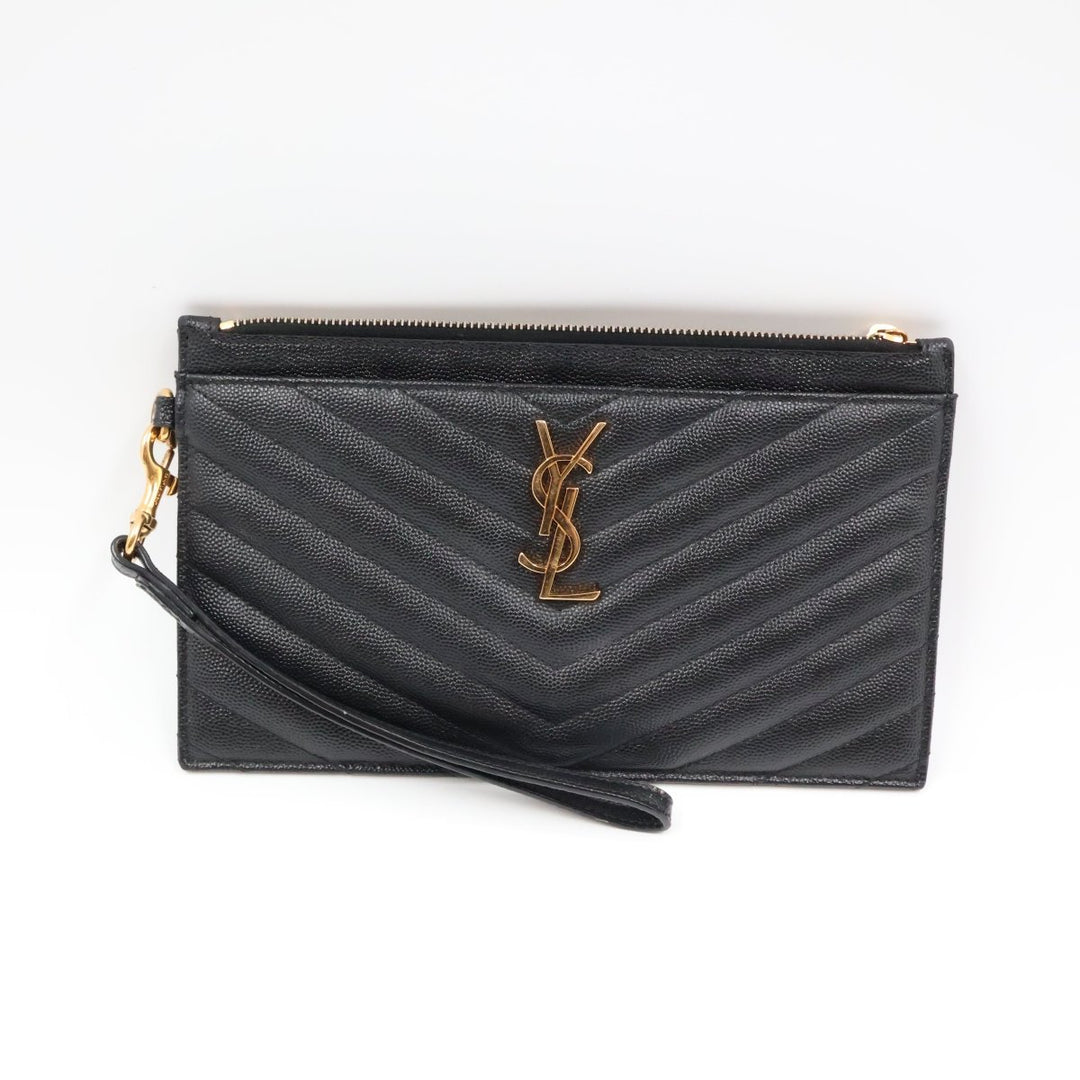 YSL Saint Laurent Cassandre Black Calfskin Leather Pouch Clutch Bag - Lux Central