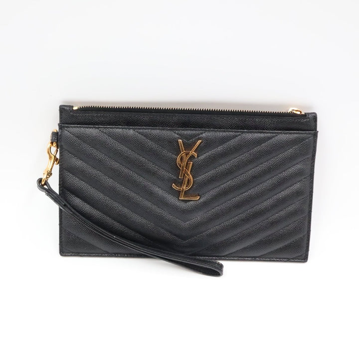 YSL Saint Laurent Cassandre Black Calfskin Leather Pouch Clutch Bag - Lux Central