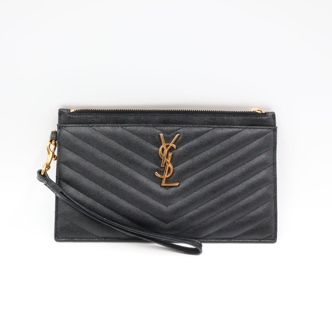 YSL Saint Laurent Cassandre Black Calfskin Leather Pouch Clutch Bag - Lux Central