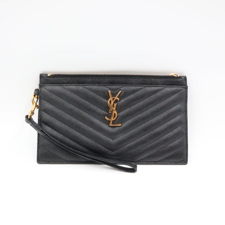 YSL Saint Laurent Cassandre Black Calfskin Leather Pouch Clutch Bag - Lux Central